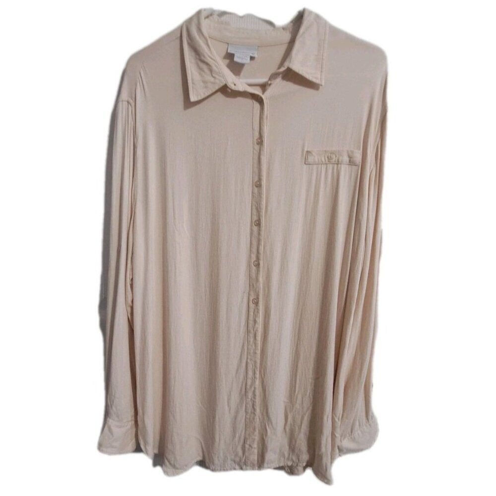 Soft Surroundings Women's L Long Sleeve Beige Collared Button Up Blouse